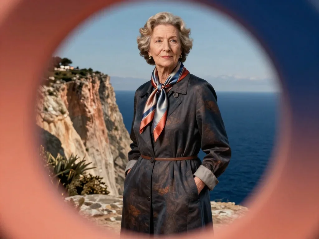 an elegant older stateswoman in a silk scarf standing tall with hands in pockets, on a sun-drenched cliffside, Renaissan