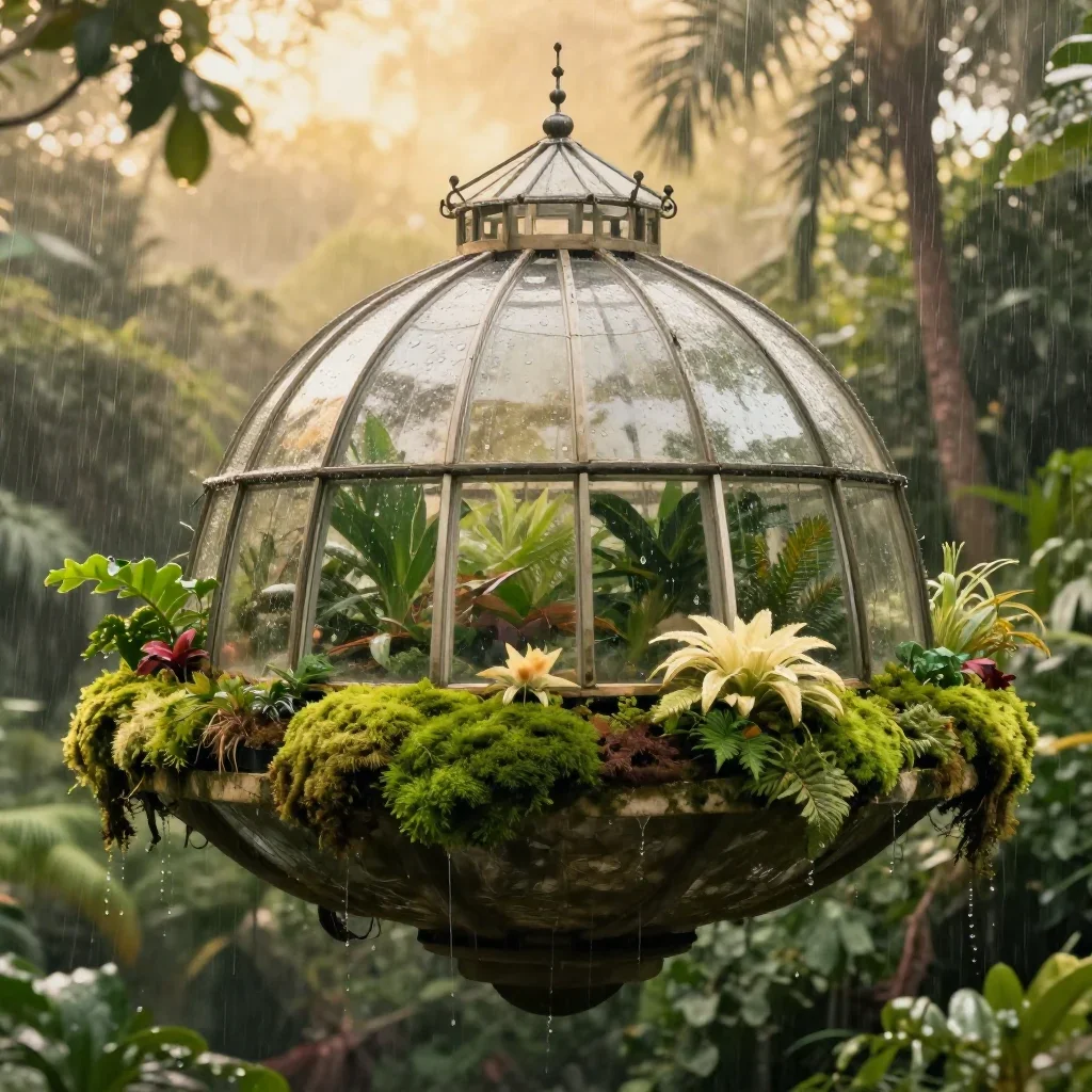 a floating botanical conservatory after warm summer rain, dreamlike fine-art landscape photography, crisp material detai