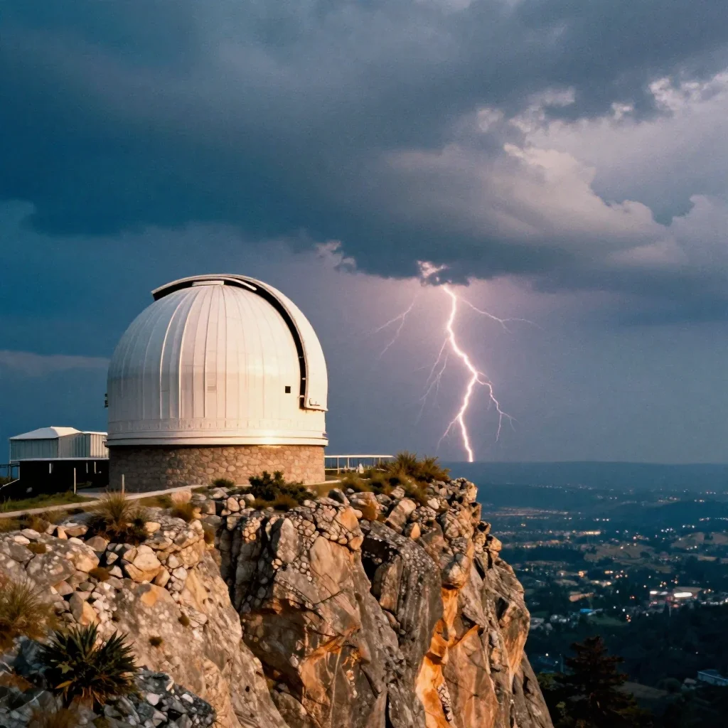 a cliffside observatory after a distant thunderstorm, soft-grain analog film photography, atmospheric depth, cobalt and 