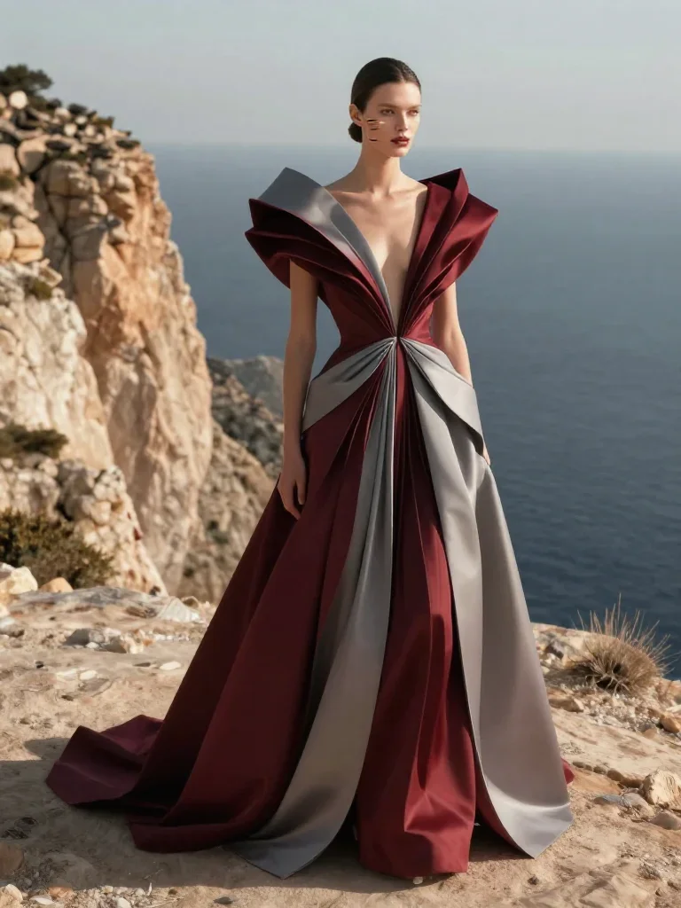 a couture catwalk muse with razor cheekbones in a low lunge with a lifted chin, on a sun-drenched cliffside, futuristic 