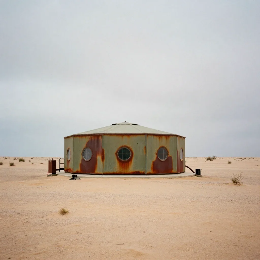 a desert research station under overcast coastal light, refined editorial travel photography, subtle film grain, rust an