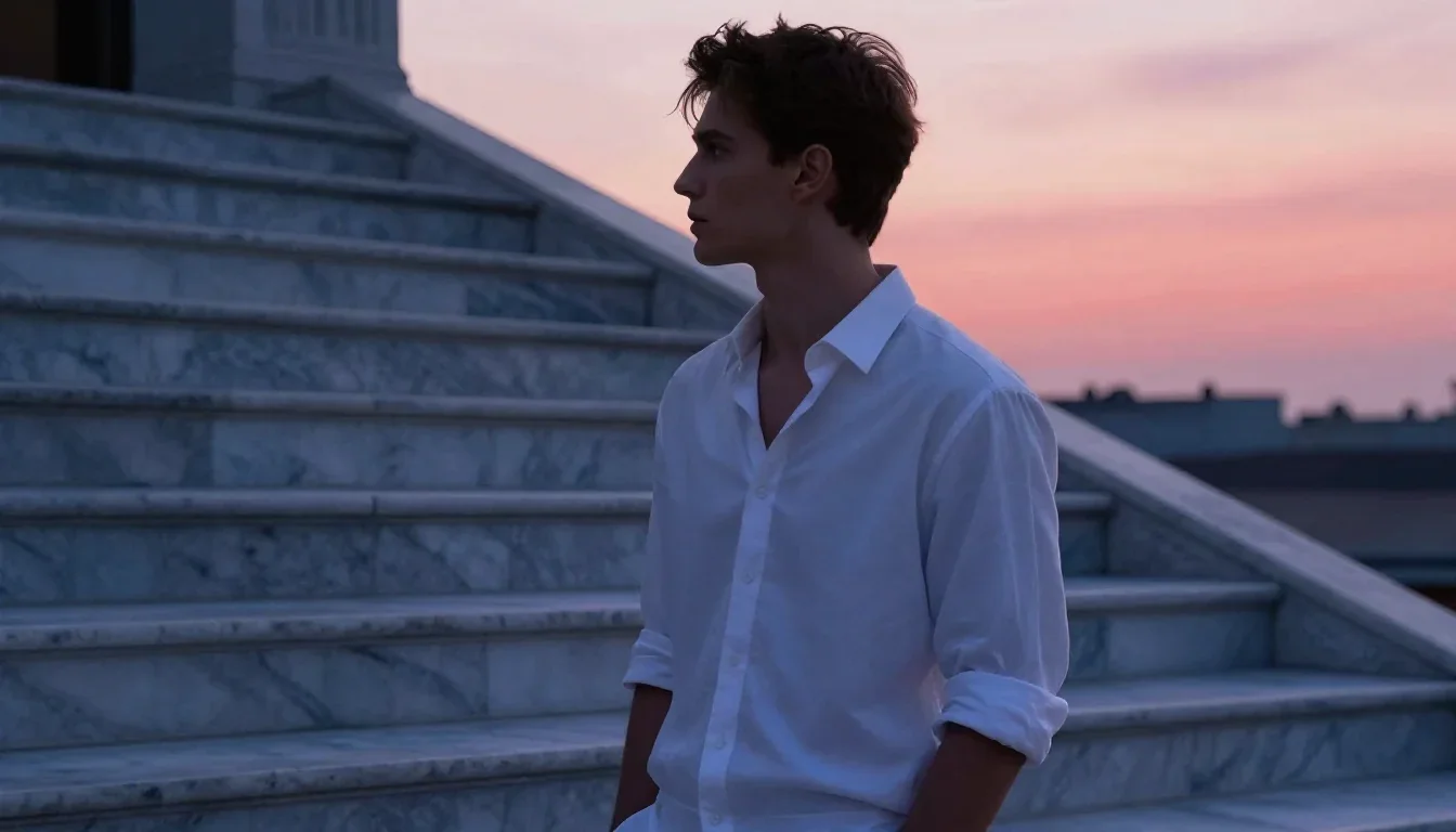 a handsome man in a rolled-sleeve white shirt in a dramatic three-quarter profile, on a marble staircase at dawn, editor