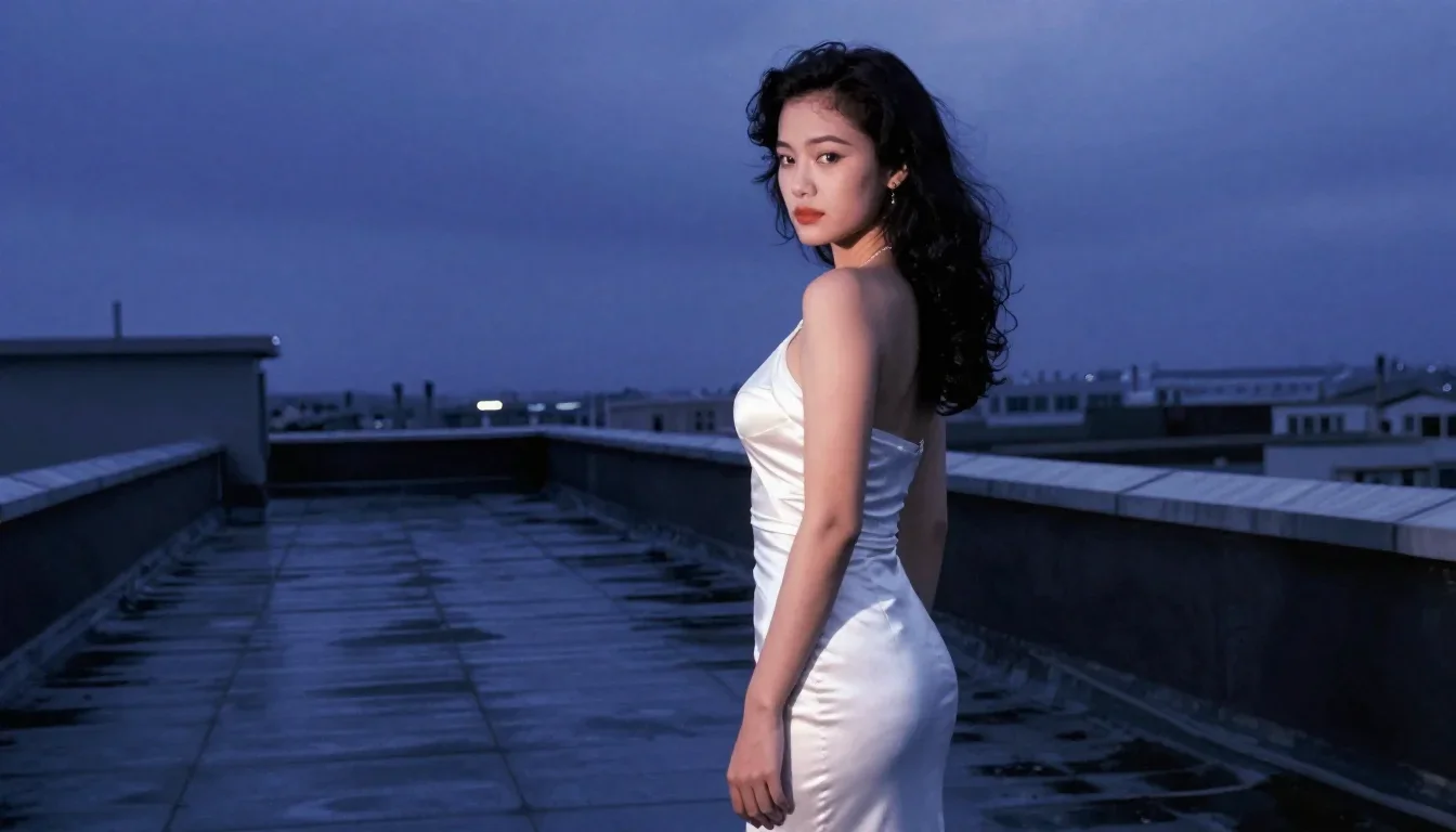 a muse on a rooftop at dusk in a body-con dress in an alluring over-the-shoulder glance, on a storm-washed boardwalk, Wo