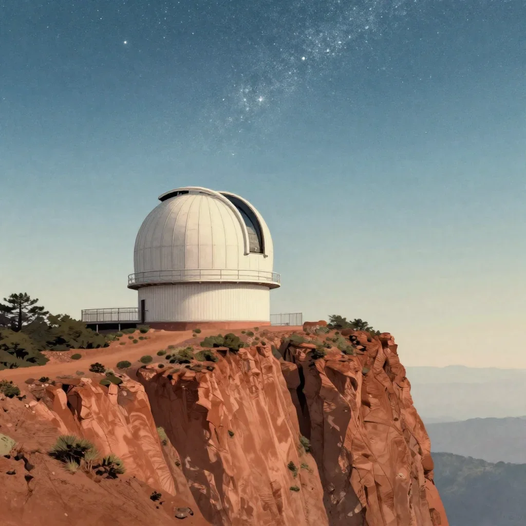 a cliffside observatory beneath a star-filled sky, Japanese woodblock-inspired editorial art, atmospheric depth, terraco