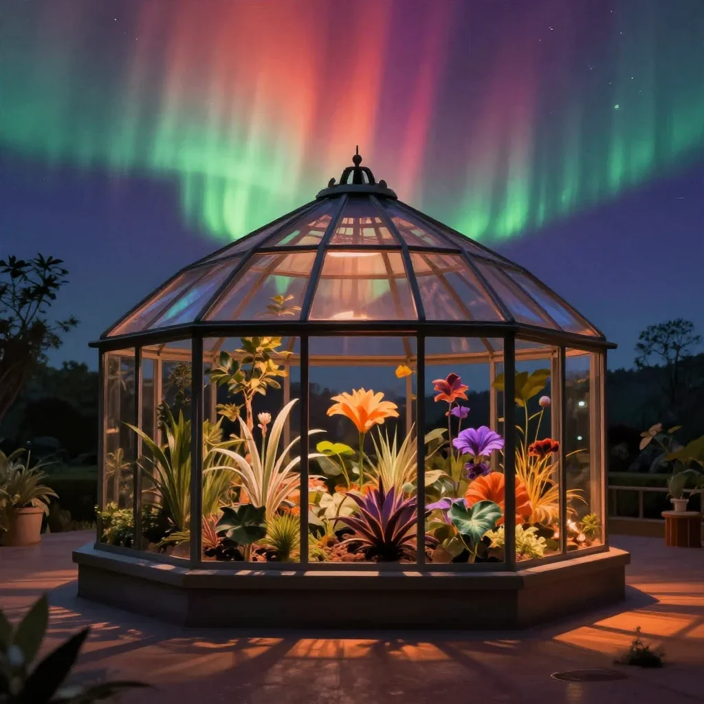 a floating botanical conservatory beneath an aurora, museum-quality still-life photography, soft volumetric light, ochre