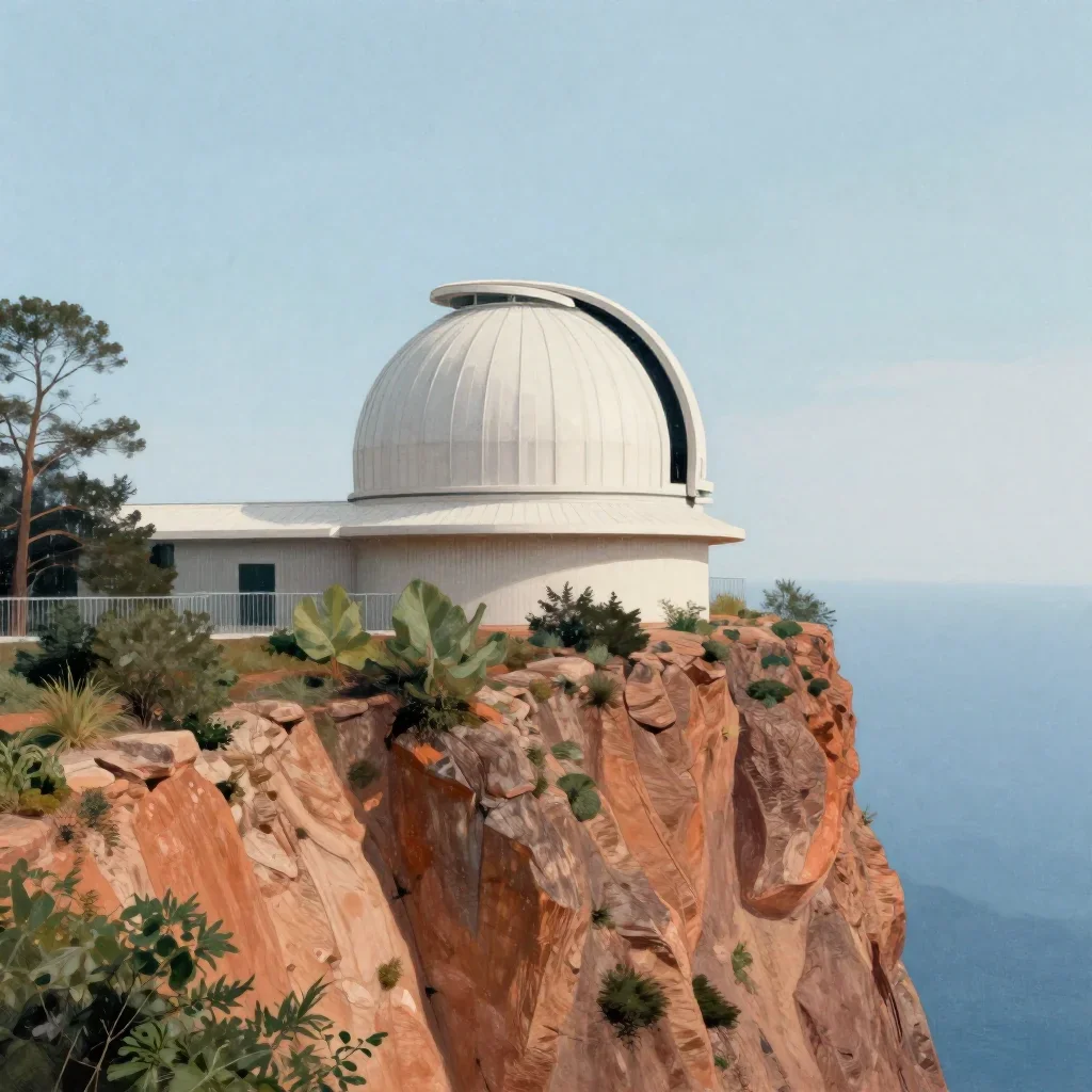 a cliffside observatory after warm summer rain, contemporary botanical illustration, subtle film grain, terracotta and p