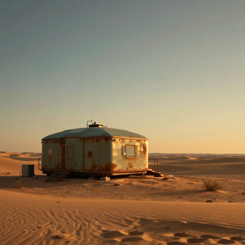 a desert research station during golden hour, quiet science-fiction concept art, calm negative space, rust and sage pale