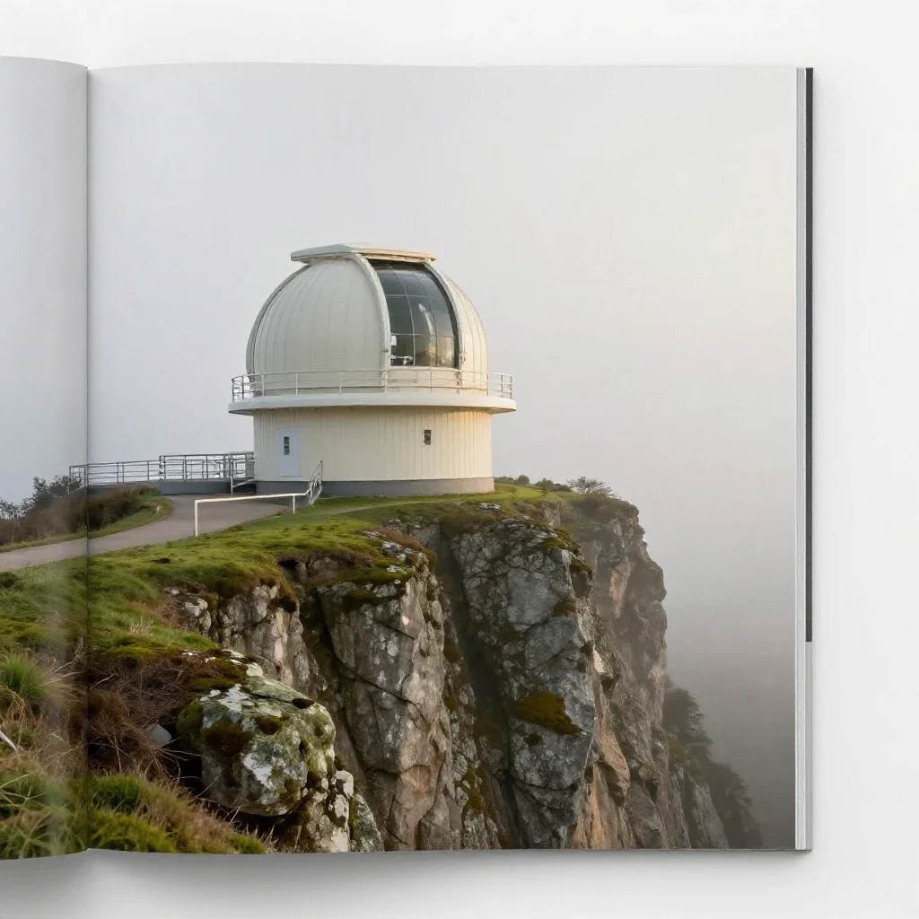 a cliffside observatory in early spring mist, high-end design magazine photography, gentle reflected light, moss green a