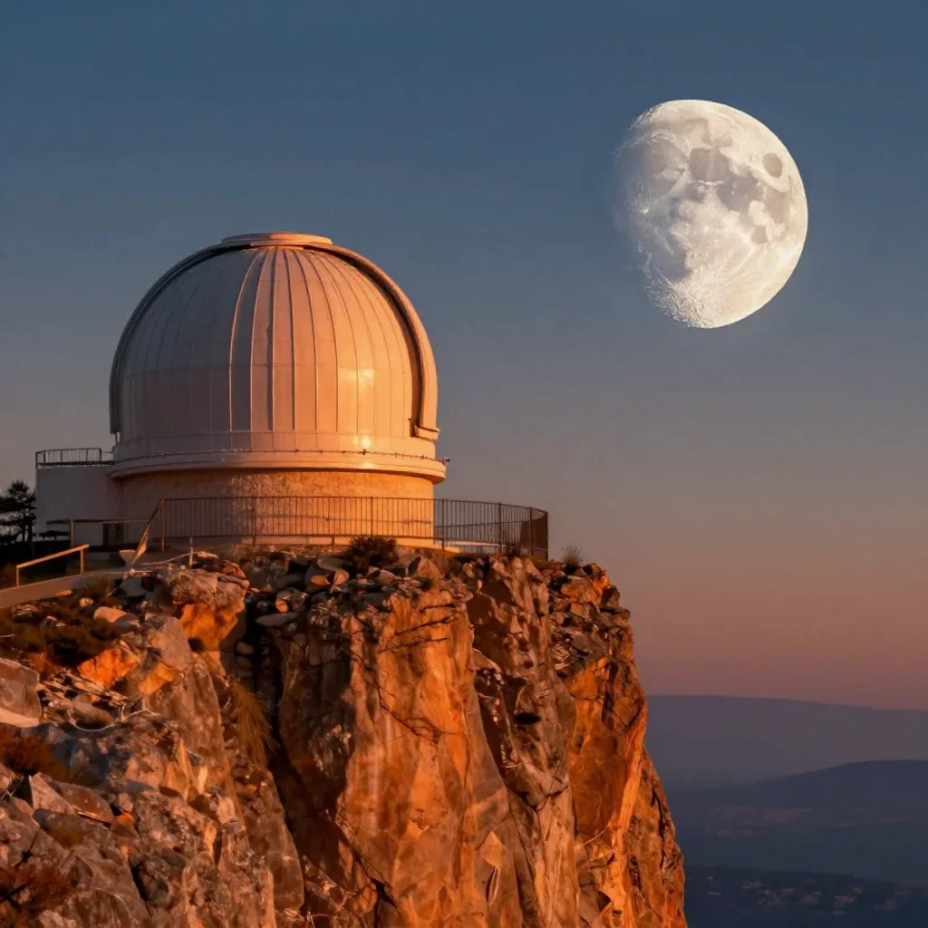 a cliffside observatory at moonrise, dreamlike fine-art landscape photography, soft volumetric light, ochre and ultramar