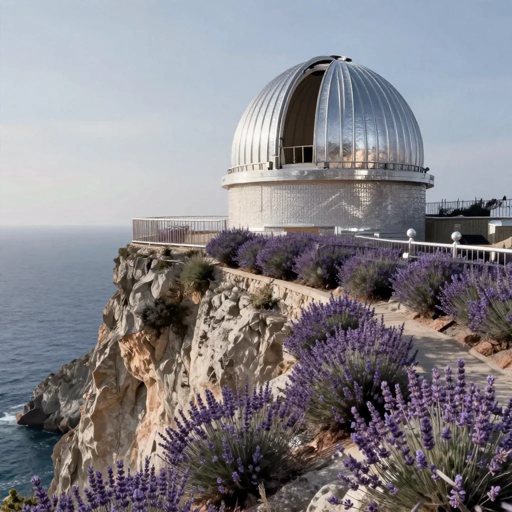 a cliffside observatory in a gentle sea breeze, refined editorial travel photography, crisp material detail, lavender an
