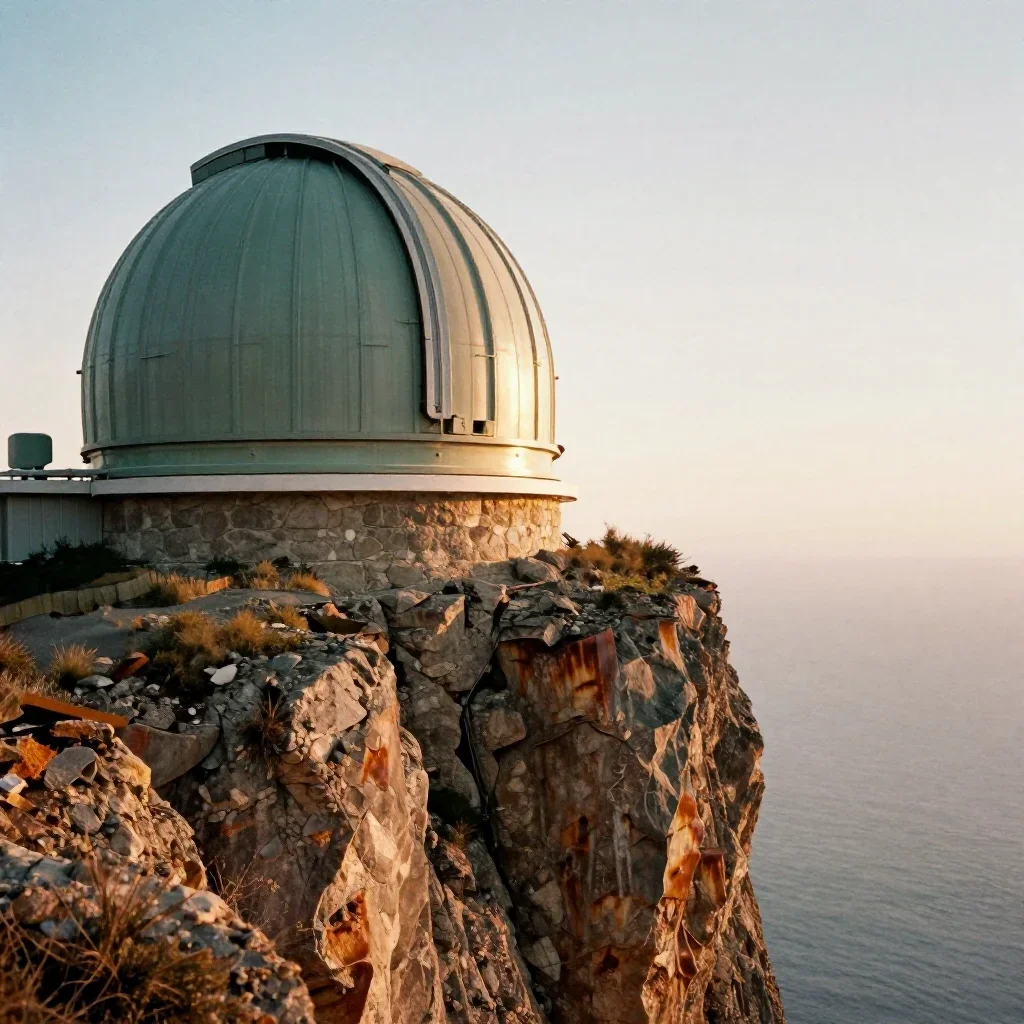 a cliffside observatory during golden hour, soft-grain analog film photography, atmospheric depth, rust and sage palette