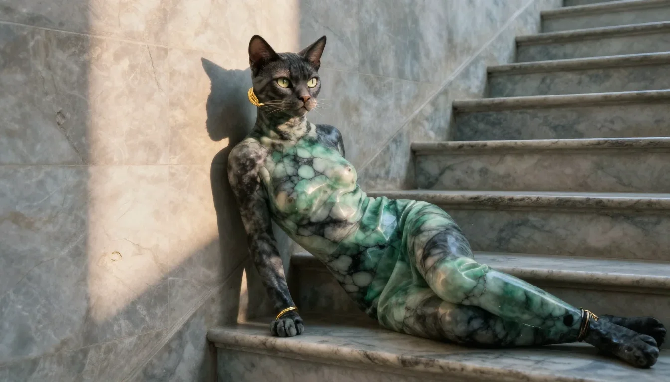 a feline-featured model with gold ear cuffs in a wind-swept lean against a wall, on a marble staircase at dawn, soft-gra