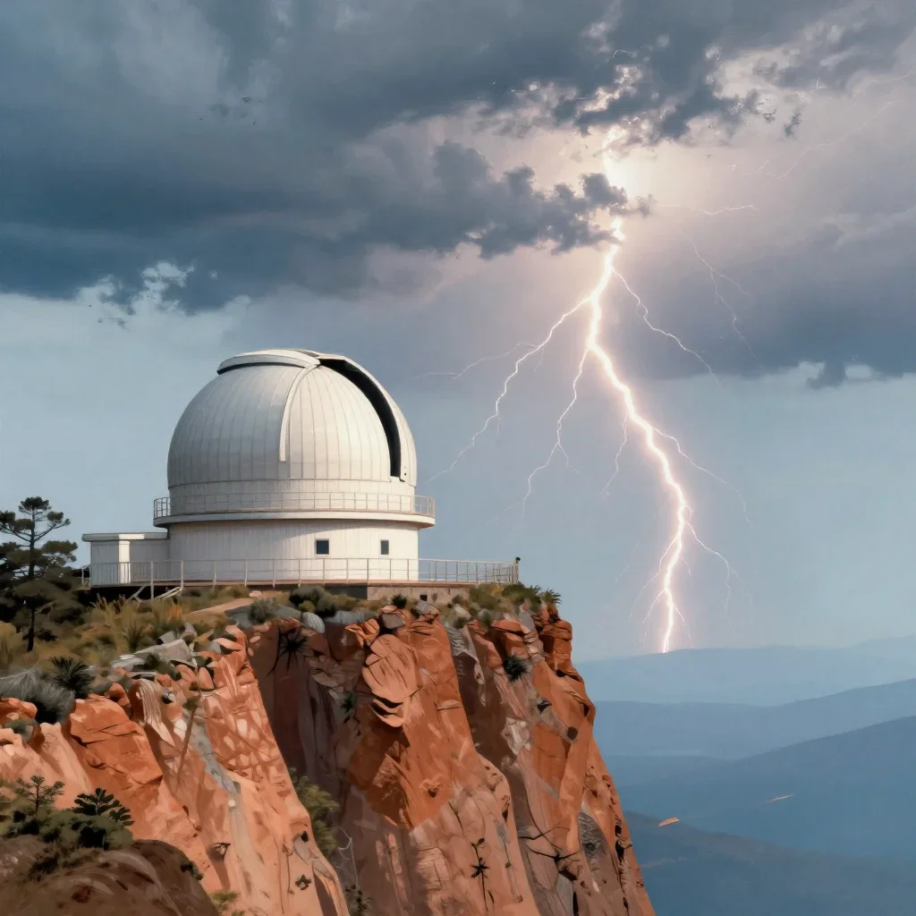a cliffside observatory after a distant thunderstorm, Japanese woodblock-inspired editorial art, soft volumetric light, 