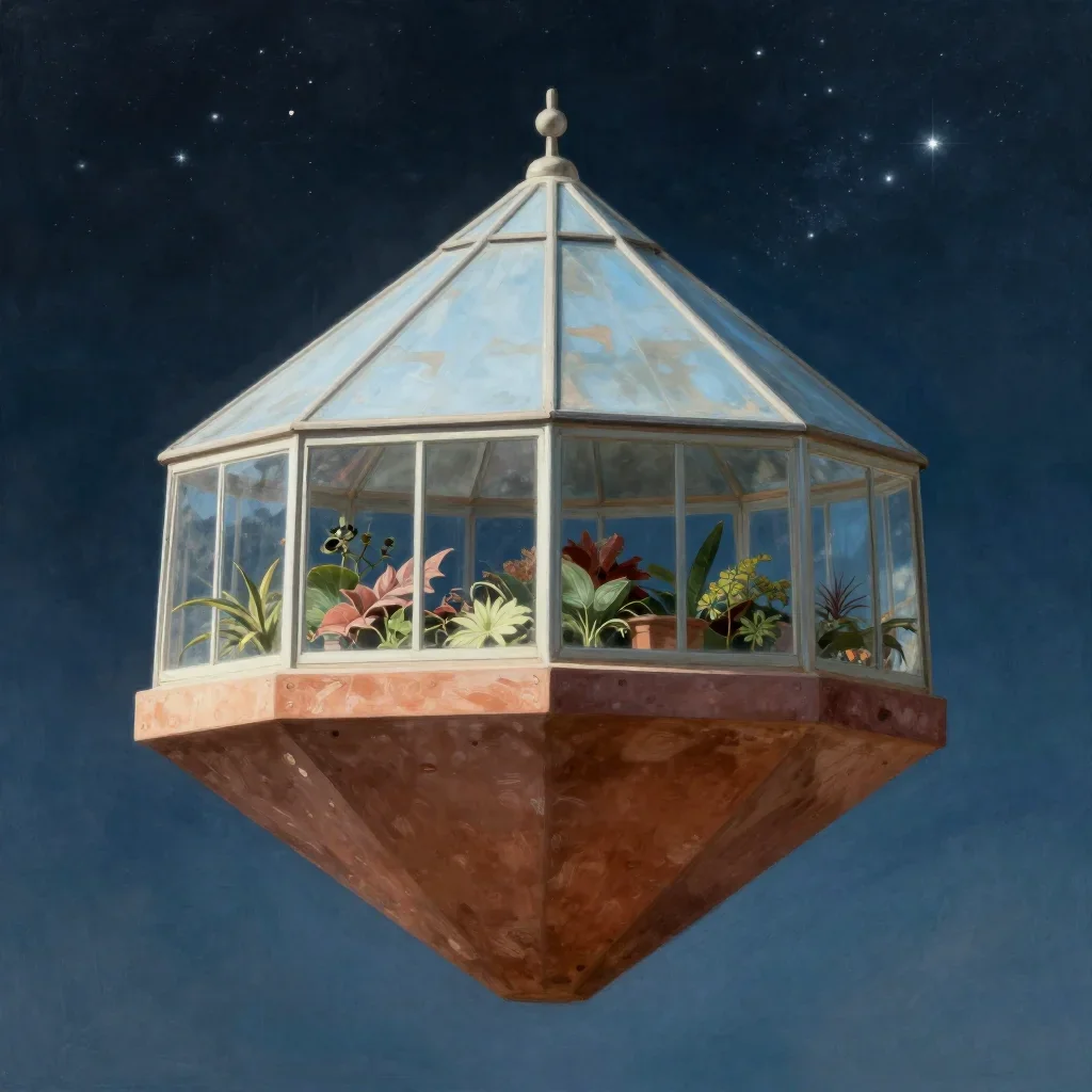 a floating botanical conservatory beneath a star-filled sky, quiet science-fiction concept art, careful geometric compos