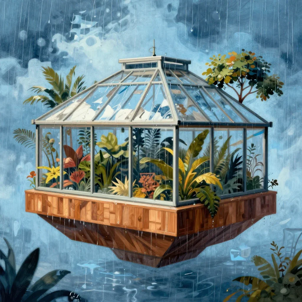 a floating botanical conservatory after warm summer rain, modernist poster illustration, atmospheric depth, ice blue and