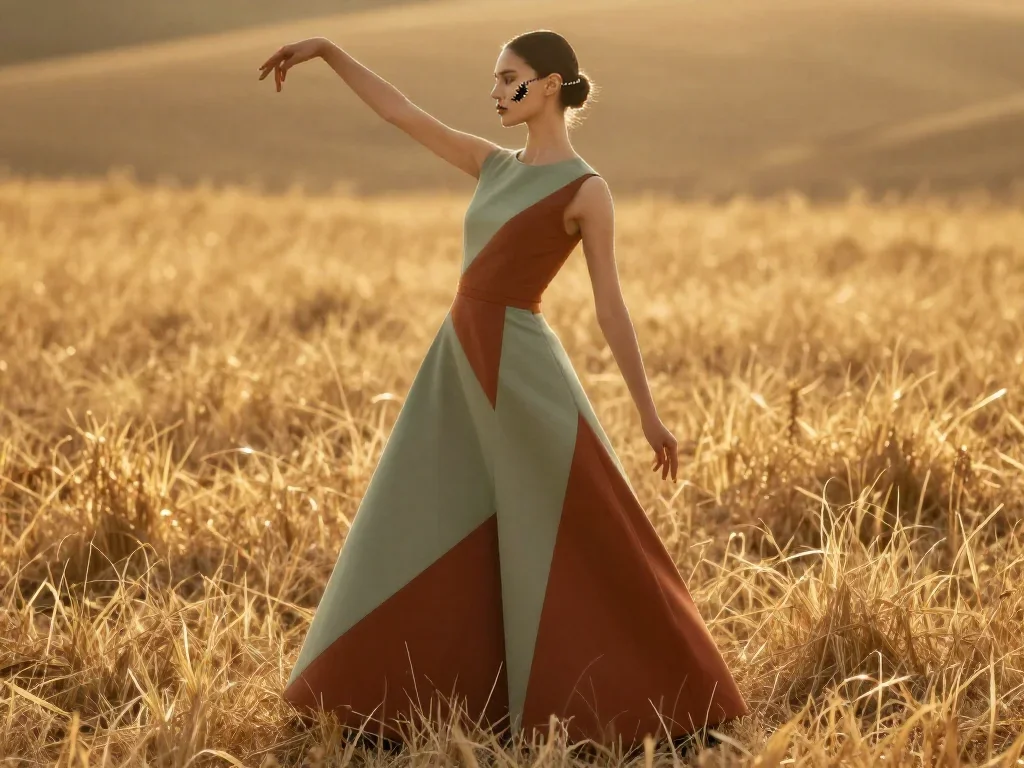a couture catwalk muse with razor cheekbones in a graceful contrapposto pose, in a backlit golden-hour field, editorial