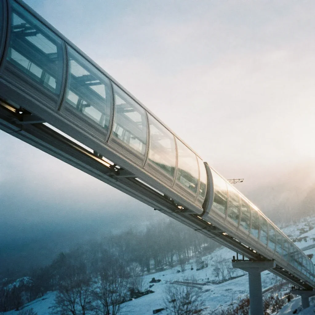 a glass monorail in crisp winter sunlight, soft-grain analog film photography, atmospheric depth, ice blue and warm ceda