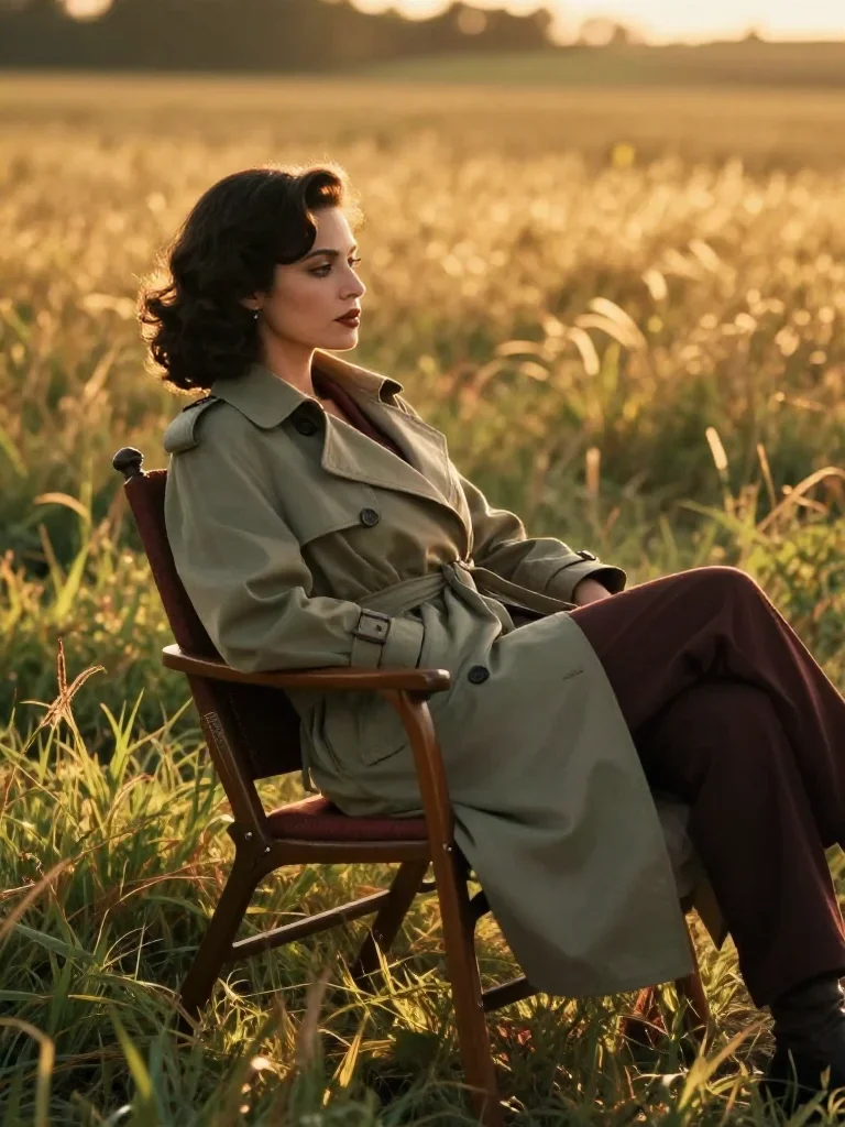 a noir detective's femme fatal muse in a trench coat reclining elegantly on a chaise, in a backlit golden-hour field, ci