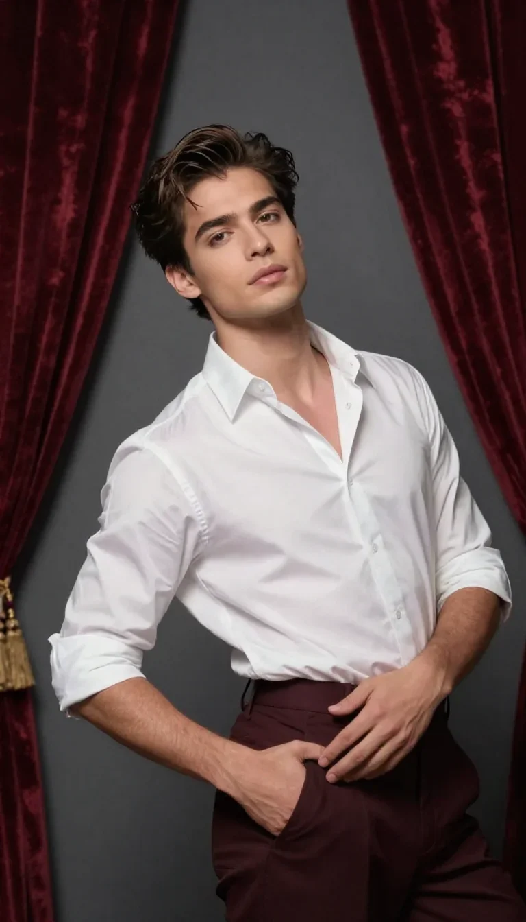 a handsome man in a rolled-sleeve white shirt in a graceful contrapposto pose, in a velvet-curtained boudoir, high-fashi
