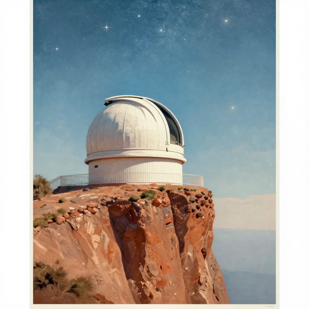 a cliffside observatory beneath a star-filled sky, modernist poster illustration, weathered tactile surfaces, terracotta