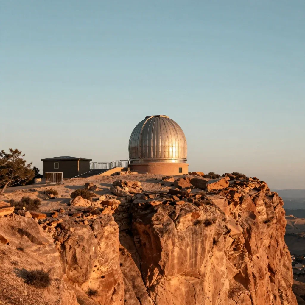 a cliffside observatory in crisp winter sunlight, refined editorial travel photography, restrained color harmony, terrac