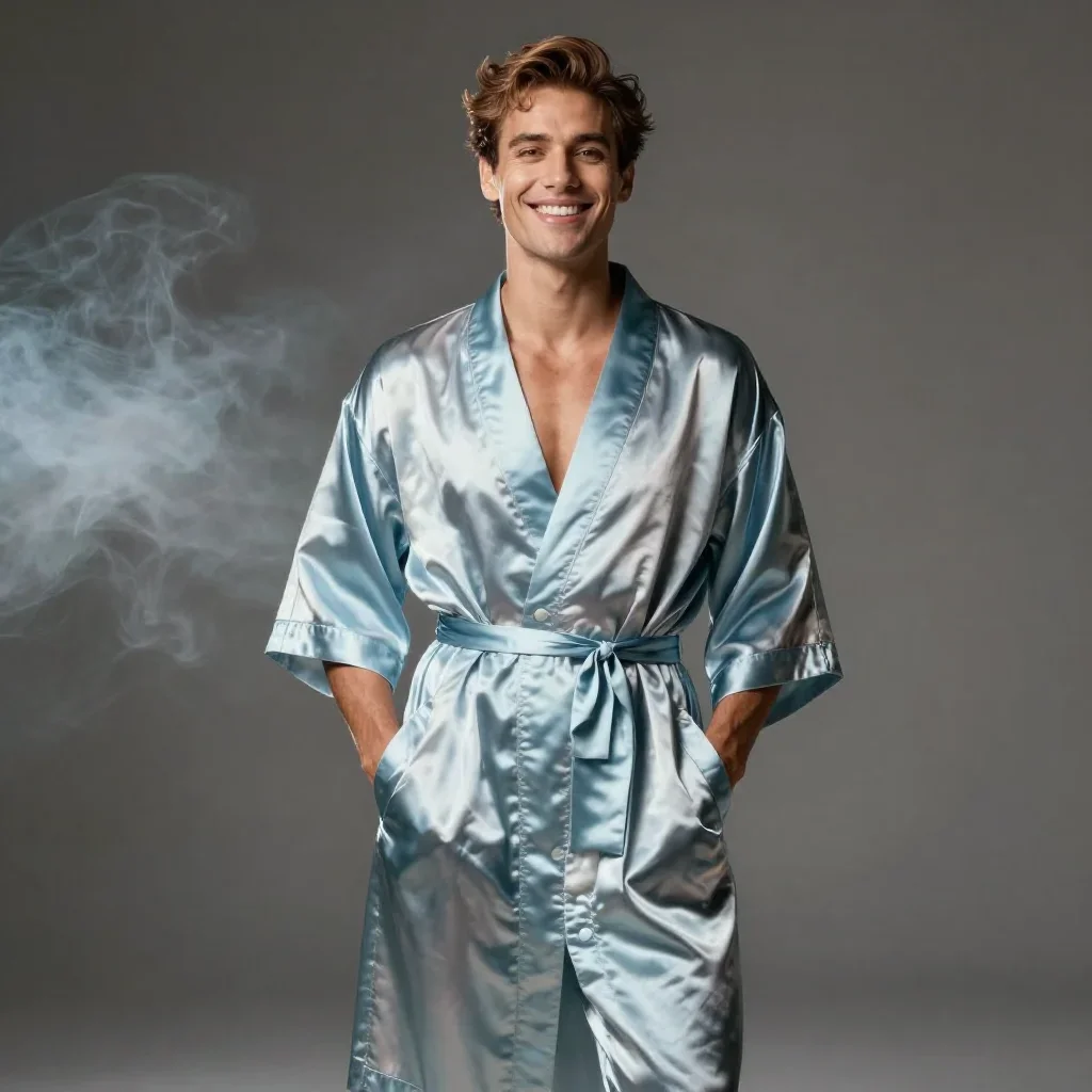 a smiley lounge singer in a satin robe standing tall with hands in pockets, in a smoke-lit photo studio, futuristic spec