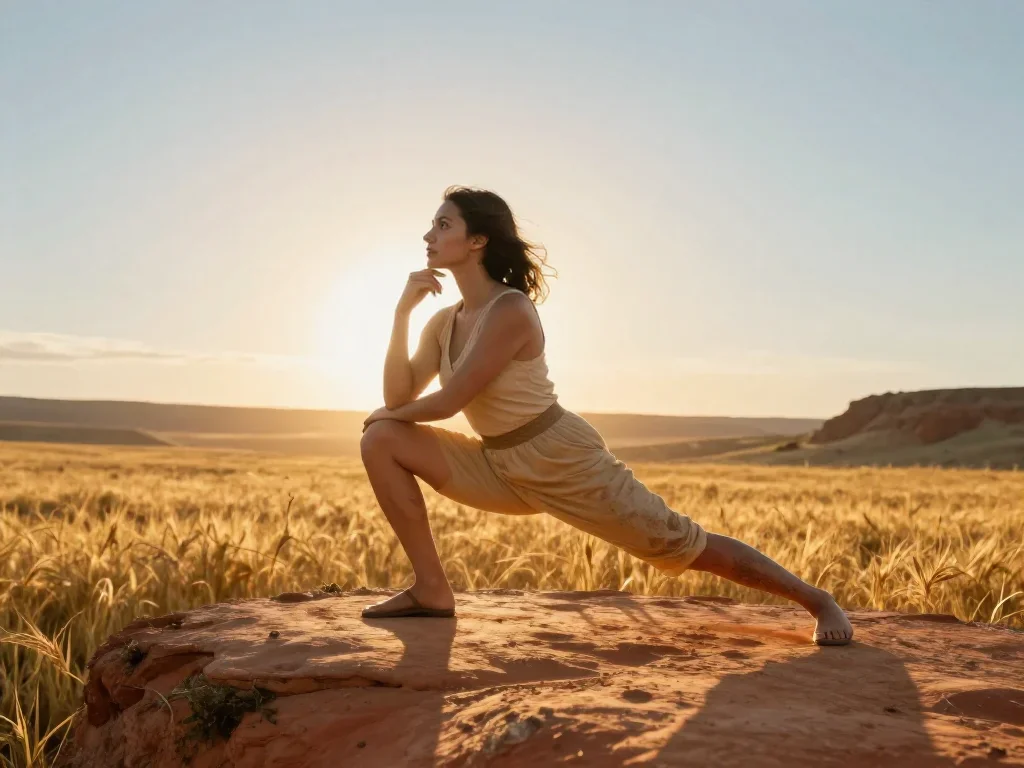 a travel influencer posing on a cliffside at golden hour in a low lunge with a lifted chin, in a backlit golden-hour fie