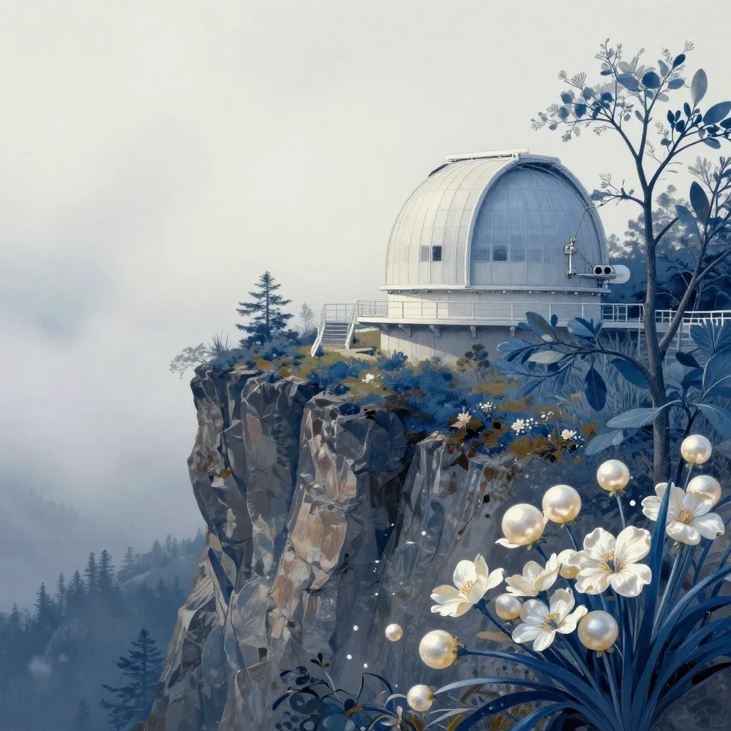 a cliffside observatory in early spring mist, contemporary botanical illustration, restrained color harmony, indigo and 