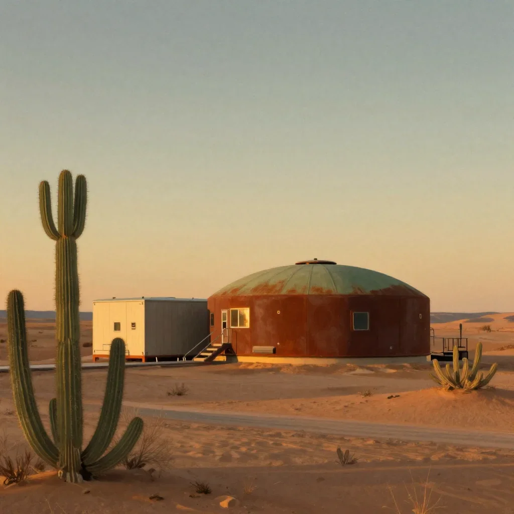 a desert research station during golden hour, contemporary botanical illustration, subtle film grain, rust and sage pale
