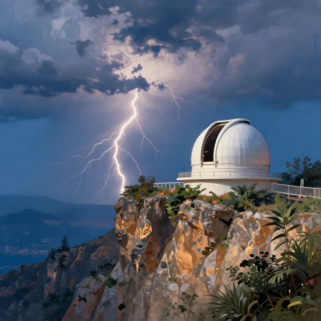 a cliffside observatory after a distant thunderstorm, contemporary botanical illustration, soft volumetric light, cobalt