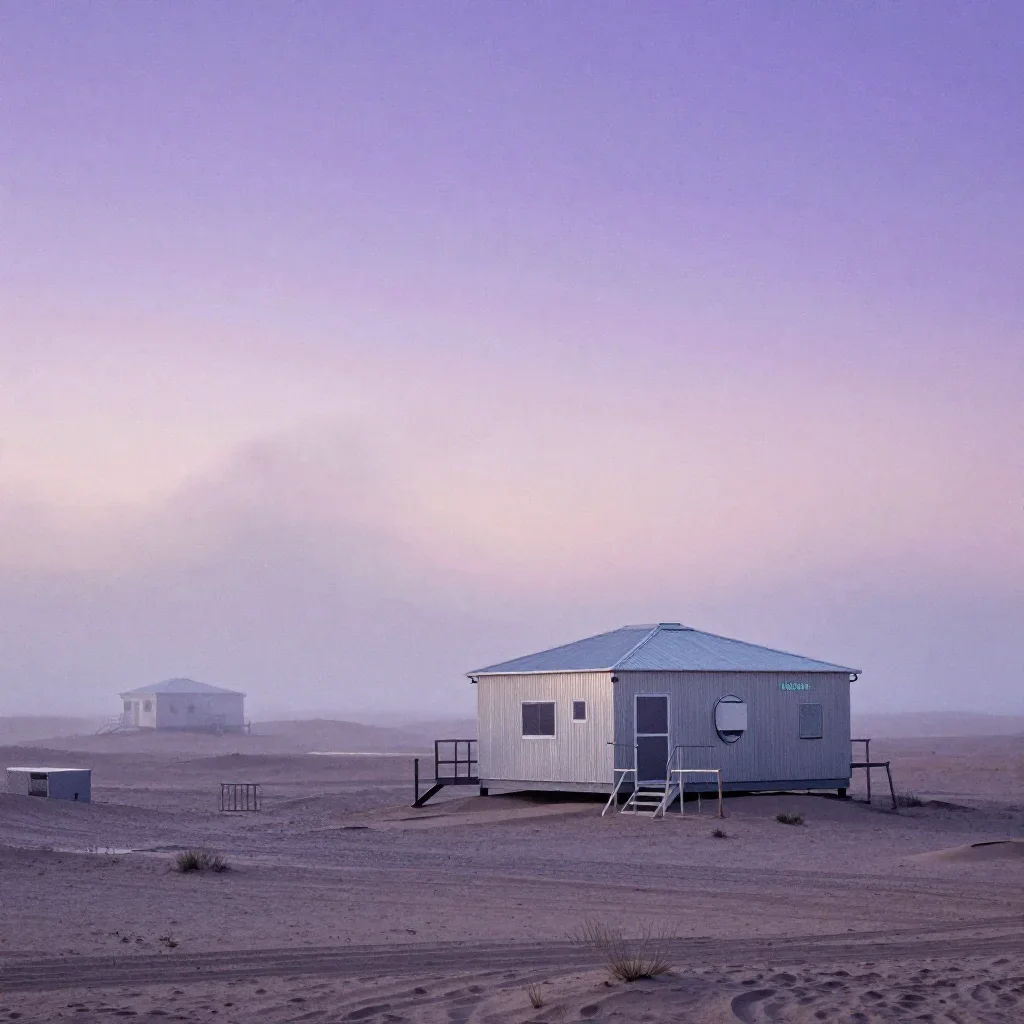 a desert research station under soft dawn fog, Japanese woodblock-inspired editorial art, subtle film grain, lavender an