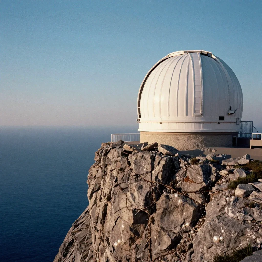 a cliffside observatory in quiet late-afternoon haze, soft-grain analog film photography, crisp material detail, indigo