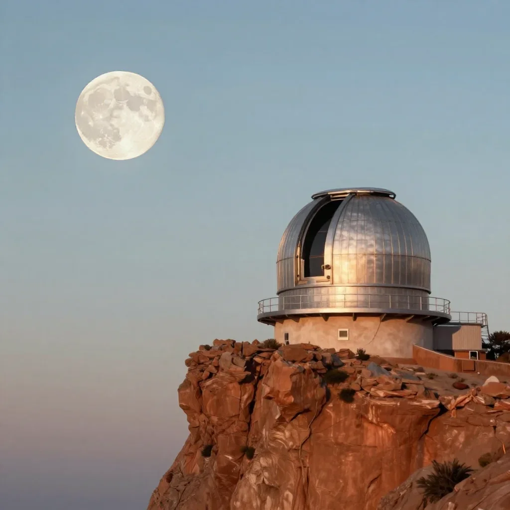 a cliffside observatory at moonrise, quiet science-fiction concept art, calm negative space, terracotta and pale sky blu