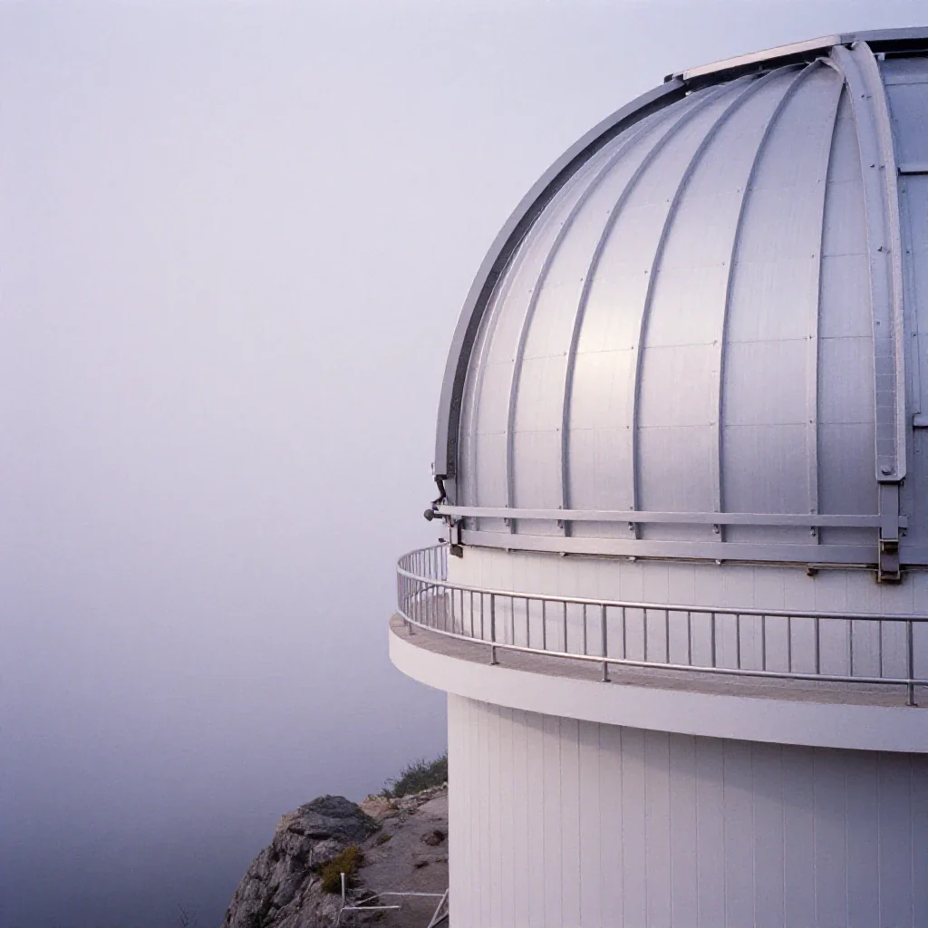 a cliffside observatory in early spring mist, soft-grain analog film photography, crisp material detail, lavender and si
