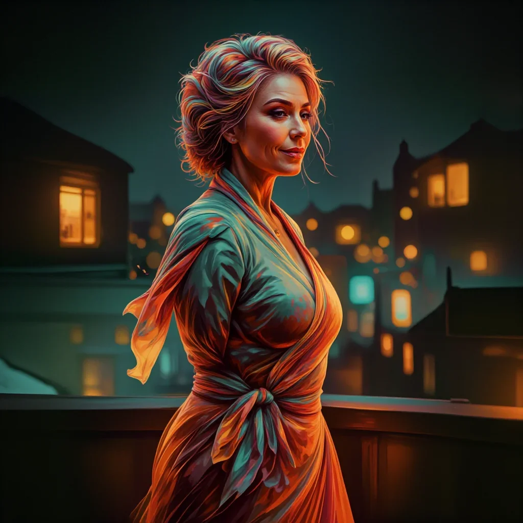 an elegant older stateswoman in a silk scarf mid-turn with fabric catching the light, on a neon-lit rooftop at midnight,