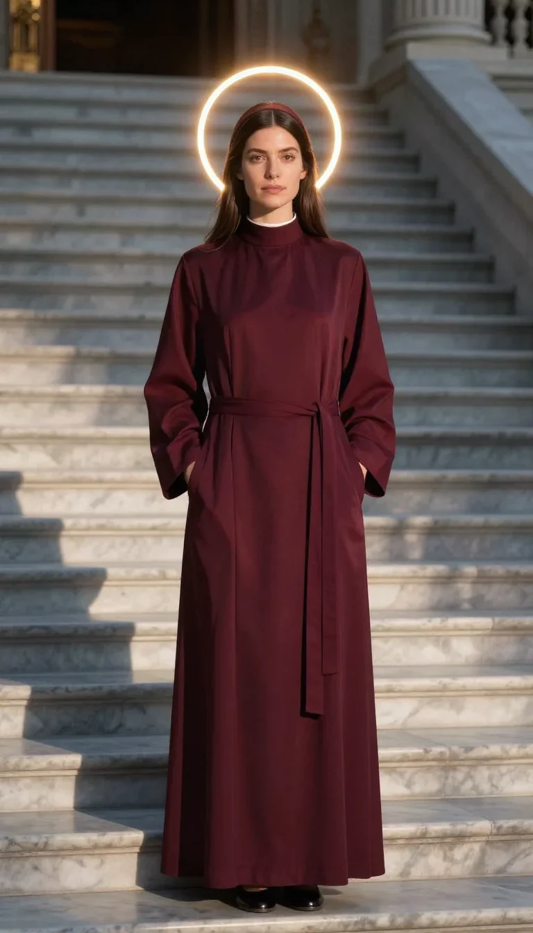 a celestial priestess with haloed candlelight standing tall with hands in pockets, on a marble staircase at dawn, bold H