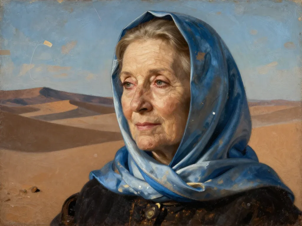 an elegant older stateswoman in a silk scarf in a coy glance from under lowered lashes, in a silent desert at twilight, 
