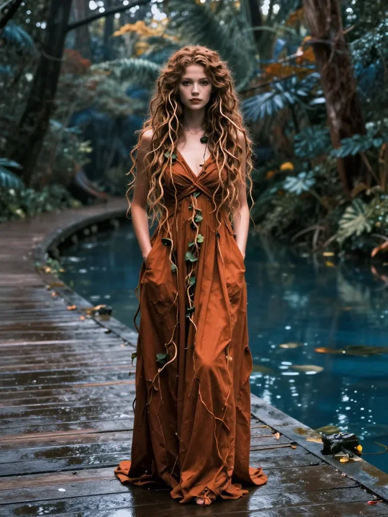 a dryad with vine-woven hair in a forest pool standing tall with hands in pockets, on a storm-washed boardwalk, moody Fu