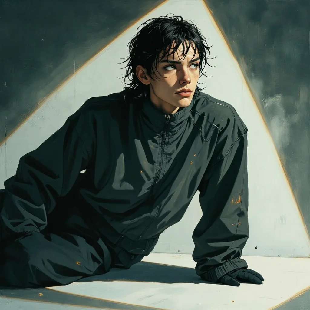 a streetwear influencer with wet-look hair in a low lunge with a lifted chin, in a smoke-lit photo studio, Vogue-style s