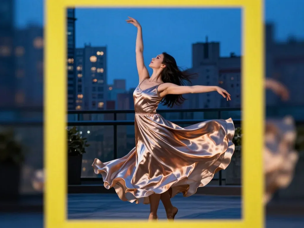 a dancer mid-spin in a silk maxi dress mid-turn with fabric catching the light, in a blue-hour city apartment, National 