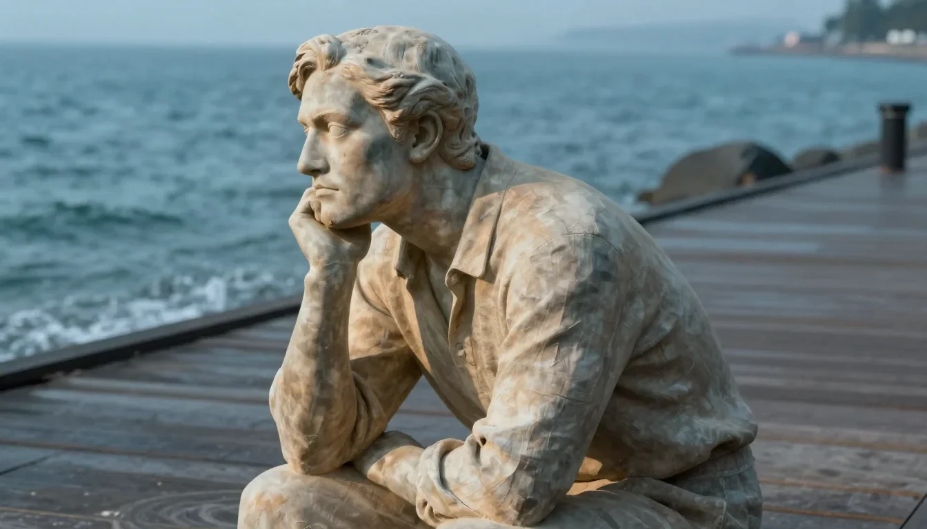 a sculptor at rest in a linen shirt, dust-hazed in a low lunge with a lifted chin, on a storm-washed boardwalk, soft-gra