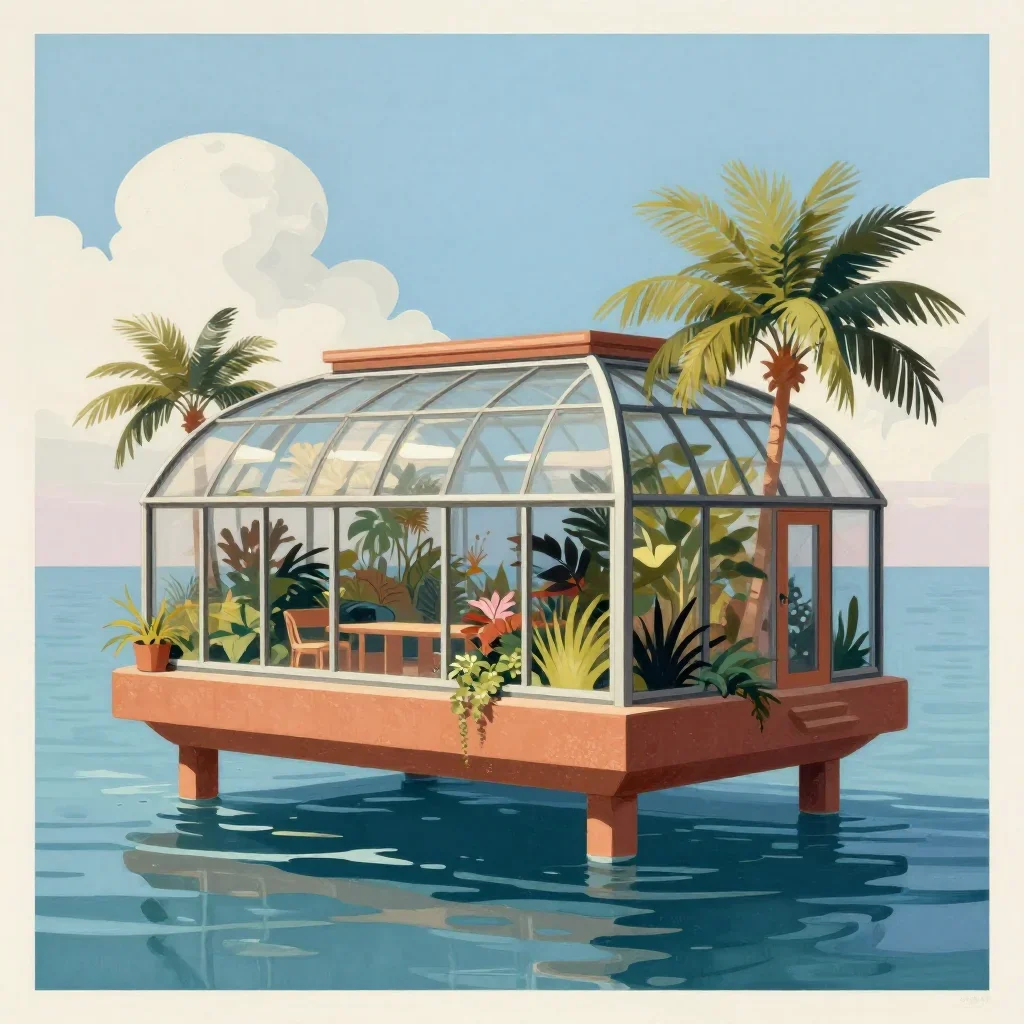 a floating botanical conservatory in a gentle sea breeze, modernist poster illustration, restrained color harmony, terra