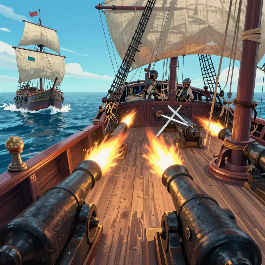 Build a first-person pirate game where I sail a galleon, fire cannons at enemy ships, and board them for a sword fight o