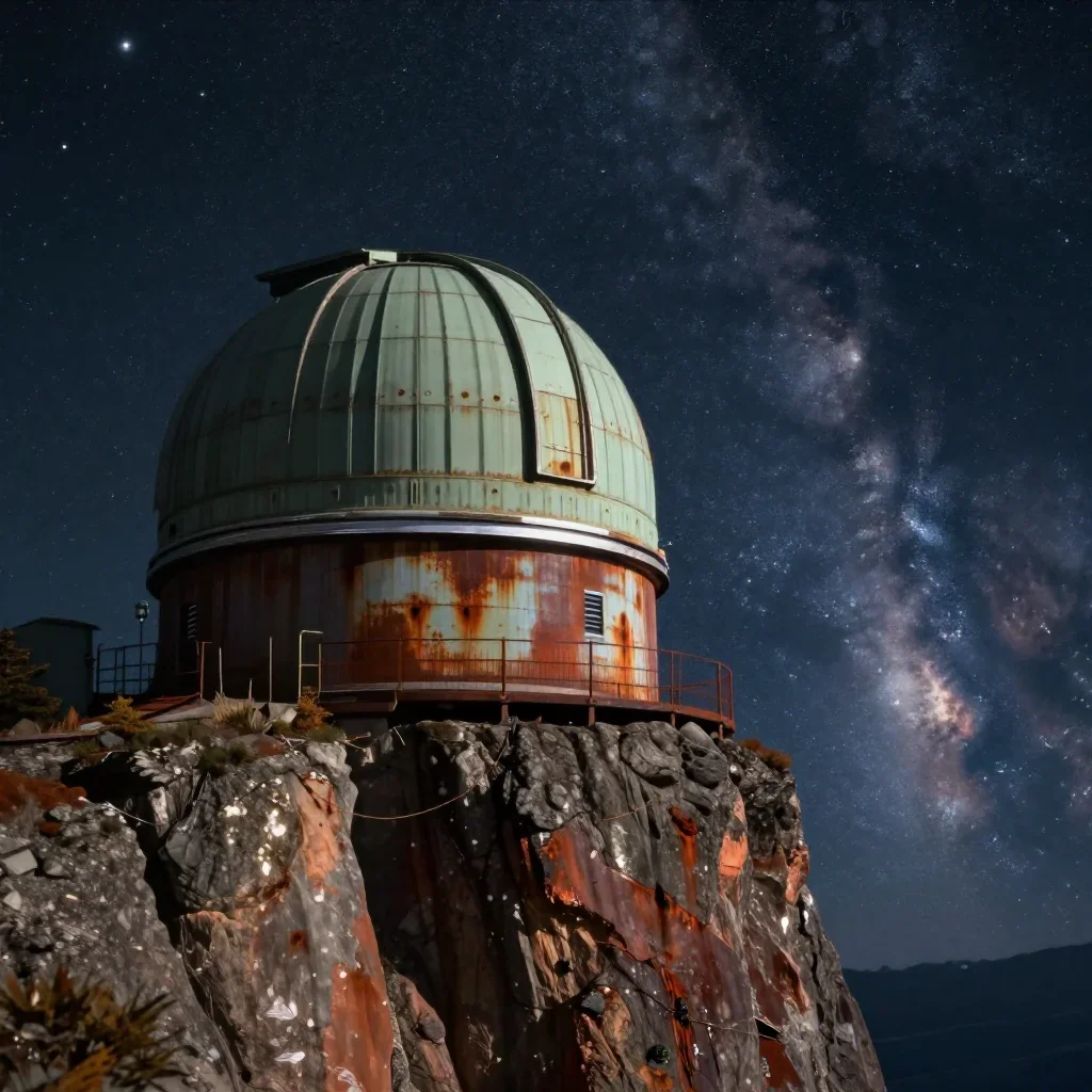 a cliffside observatory beneath a star-filled sky, quiet science-fiction concept art, atmospheric depth, rust and sage p