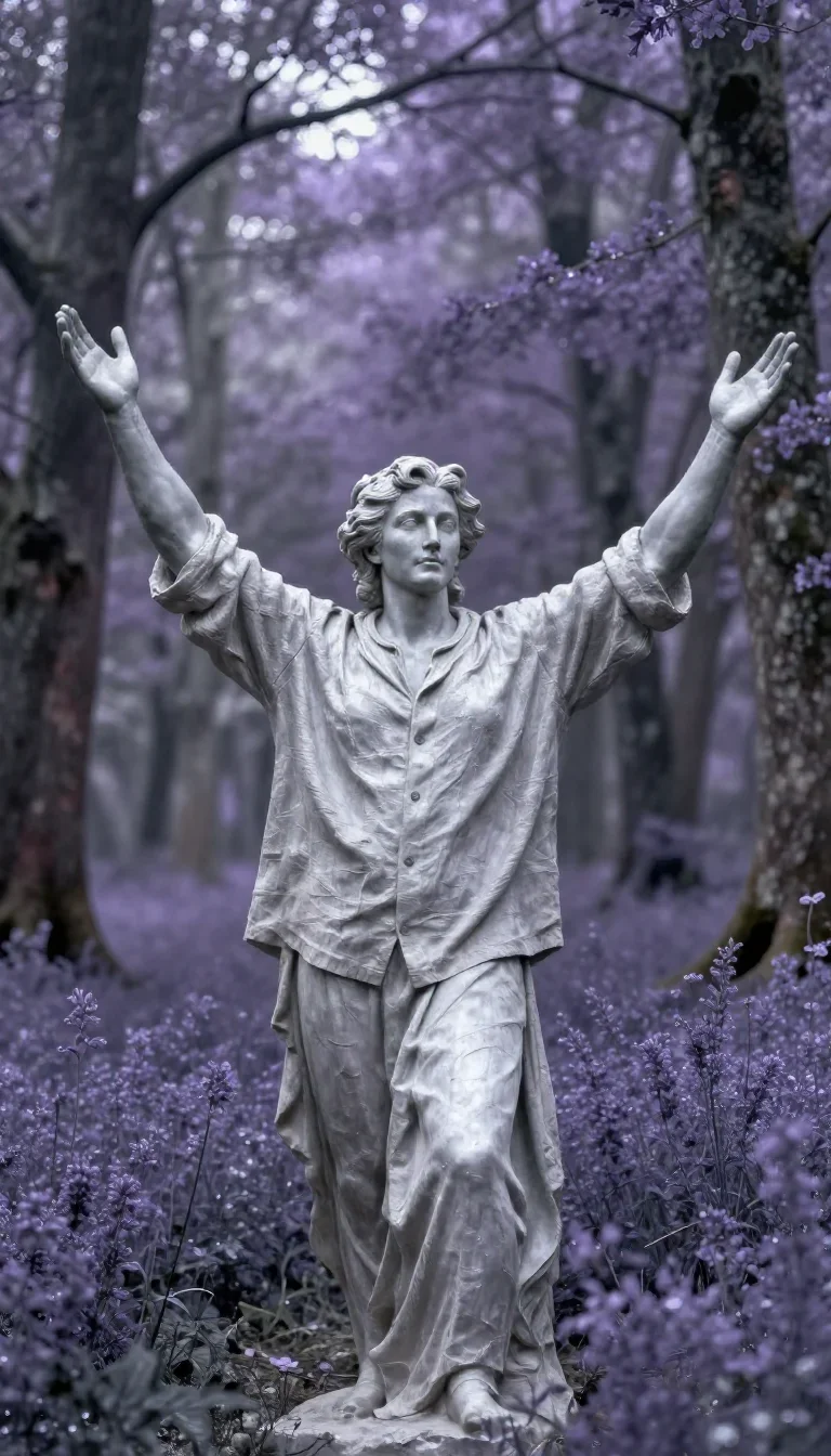 a sculptor at rest in a linen shirt, dust-hazed in a bold, open-armed welcome, in a dewy forest clearing, mythology-insp