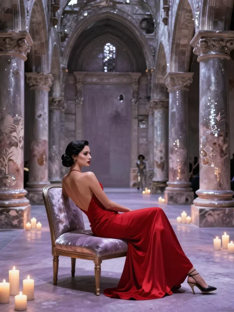 a femme fatale in a crimson backless gown reclining elegantly on a chaise, in a candle-lit cathedral ruin, high-fashion