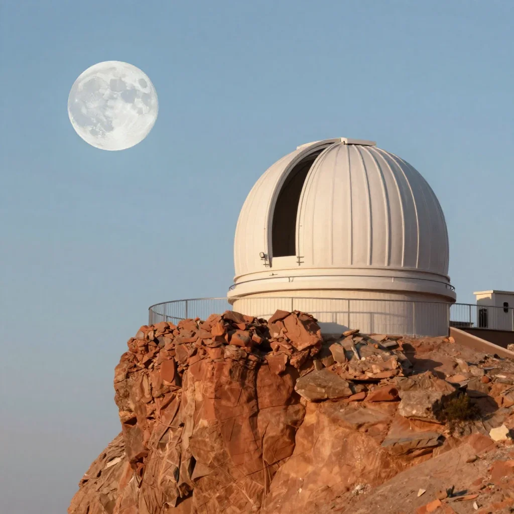 a cliffside observatory at moonrise, museum-quality still-life photography, clean natural textures, terracotta and pale 