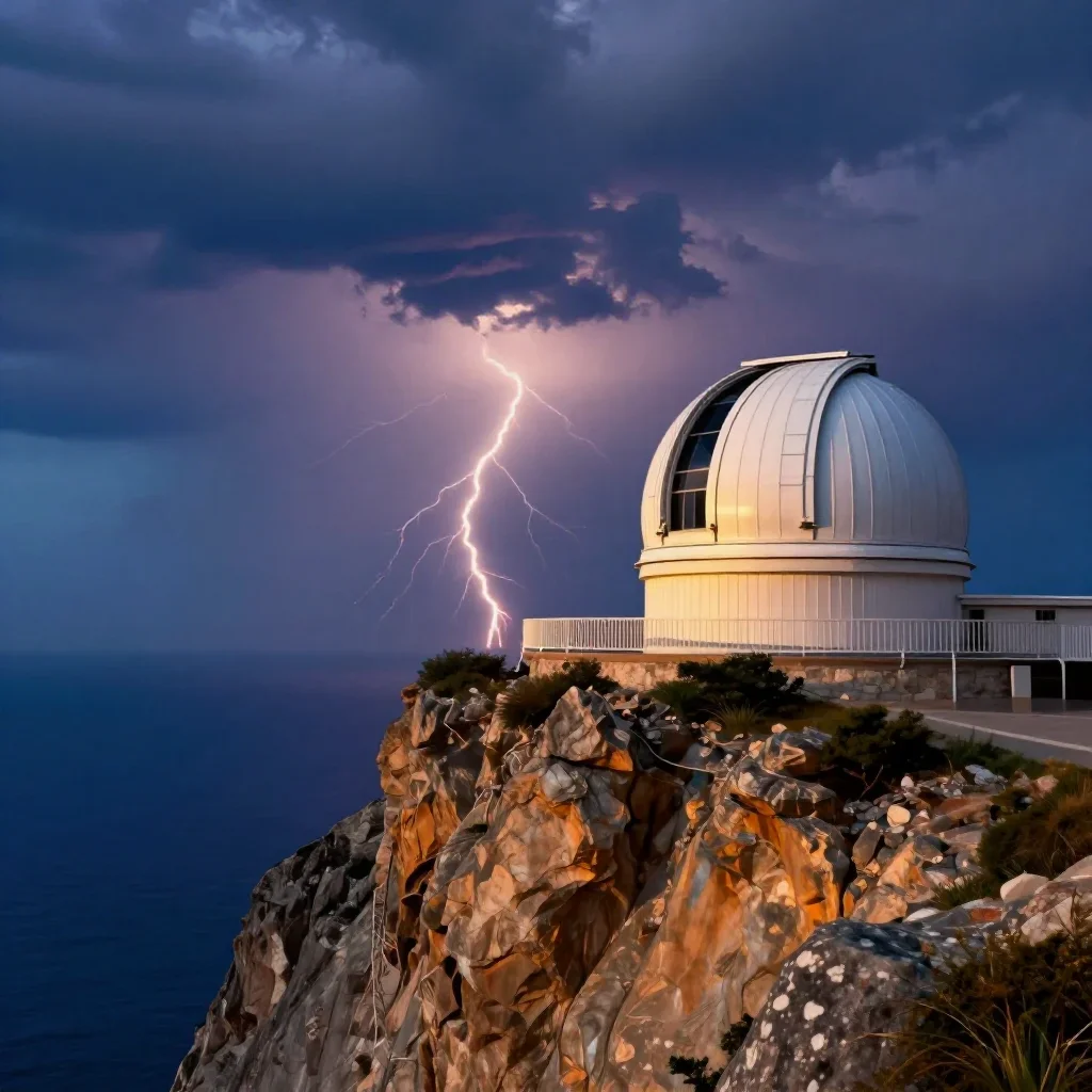 a cliffside observatory after a distant thunderstorm, high-end design magazine photography, restrained color harmony, cobalt and amber palette, no people, no text, no logo, no watermark