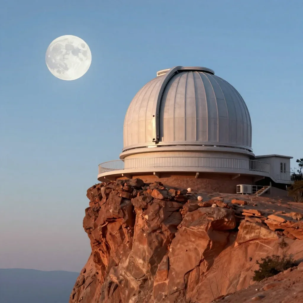 a cliffside observatory at moonrise, quiet science-fiction concept art, crisp material detail, terracotta and pale sky b