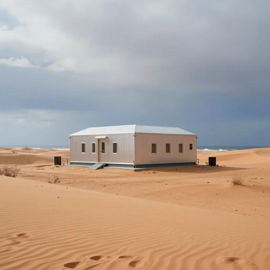 a desert research station under overcast coastal light, high-end design magazine photography, soft volumetric light, och